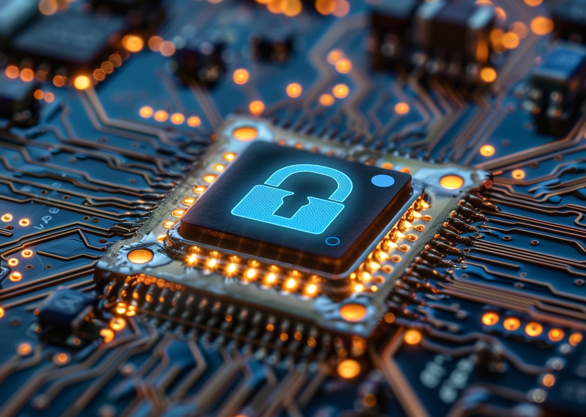 Imagem de um chip de computador com símbolo de cadeado aberto, simbolizando segurança digital e proteção de dados em tecnologia da informação.