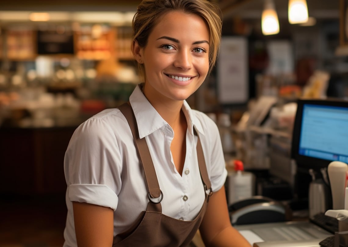 Jovem atendente sorrindo em cafeteria, usando camisa branca e avental marrom, cercada por ambiente acolhedor. Ideal para postagens sobre atendimento ao cliente.