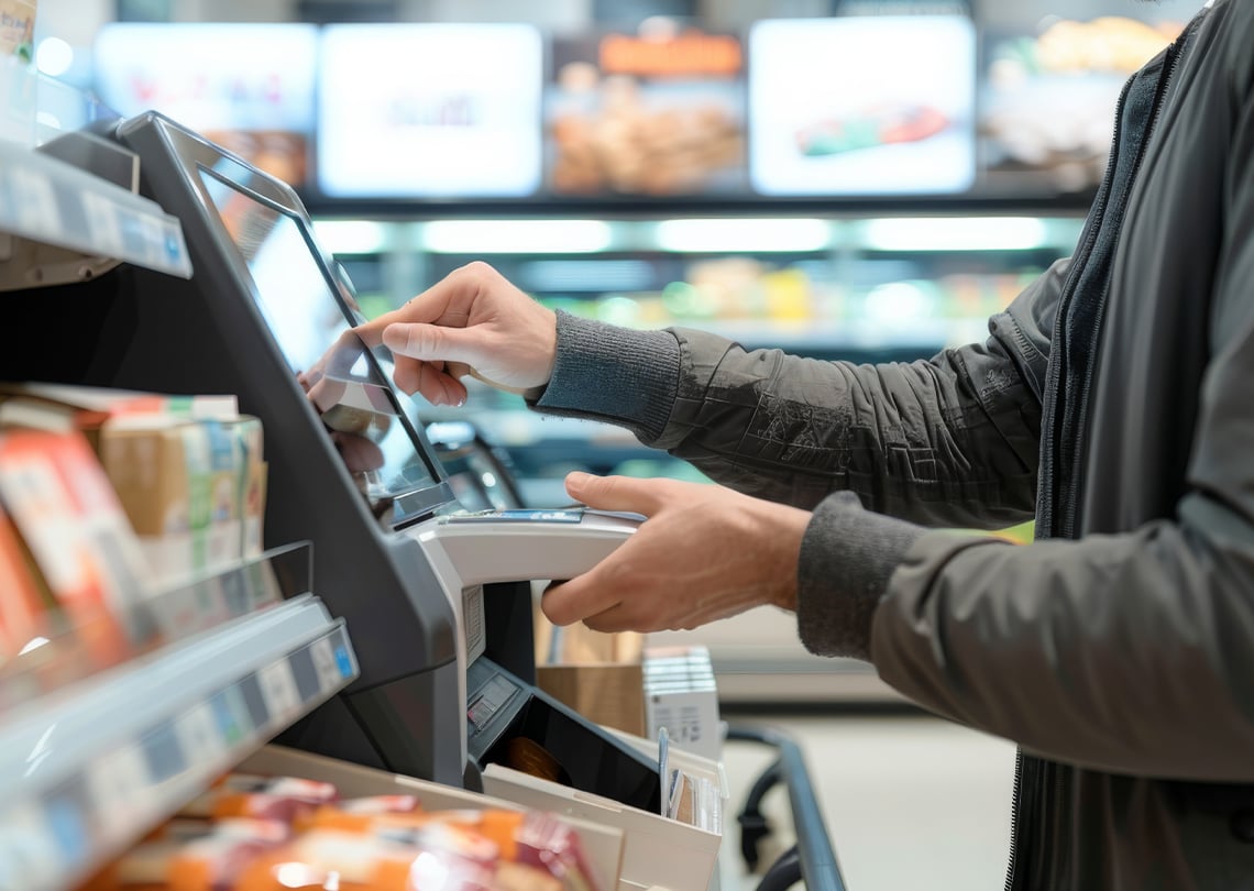 Homem usando um autoatendimento em um supermercado, digitalizando itens para pagamento em um ambiente comercial moderno.