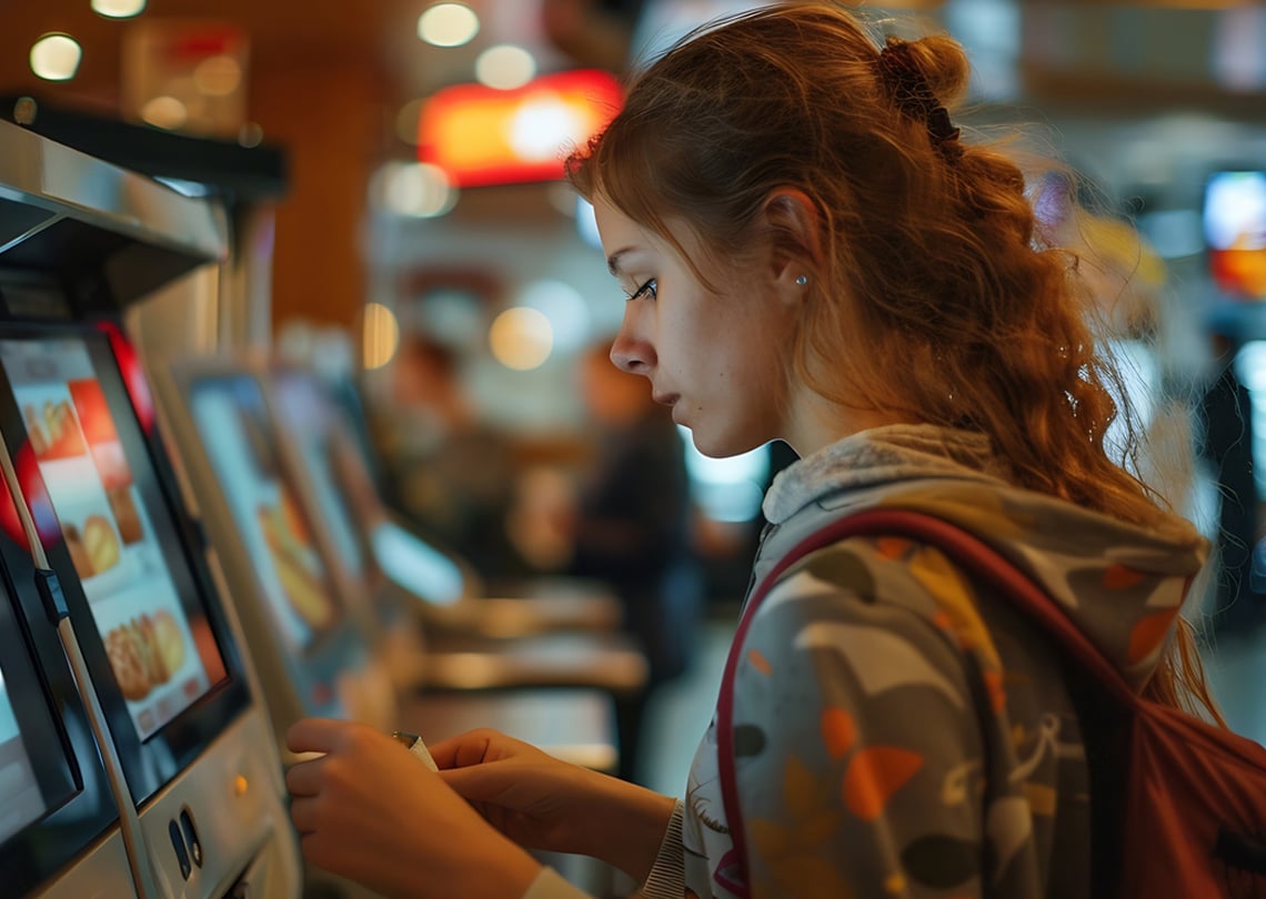 Jovem mulher interagindo com quiosque de pedido em restaurante, analisando opções de comida rapidamente.