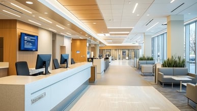 Imagem de um interior de um espaço comercial, mostrando balcões e caixas eletrônicos em um ambiente bem iluminado e organizado, ideal para transações comerciais. Espaço confortável e funcional para atendimento ao cliente.
