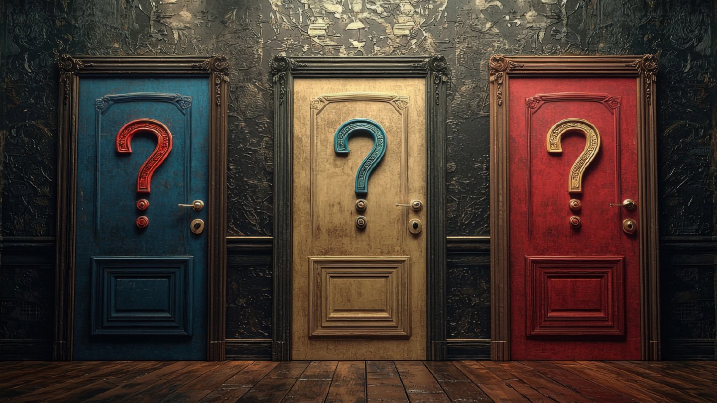 Imagem de três portas coloridas, uma azul, uma amarela e uma vermelha, todas com um símbolo de interrogação. A fotografia destaca elementos de mistério e curiosidade.