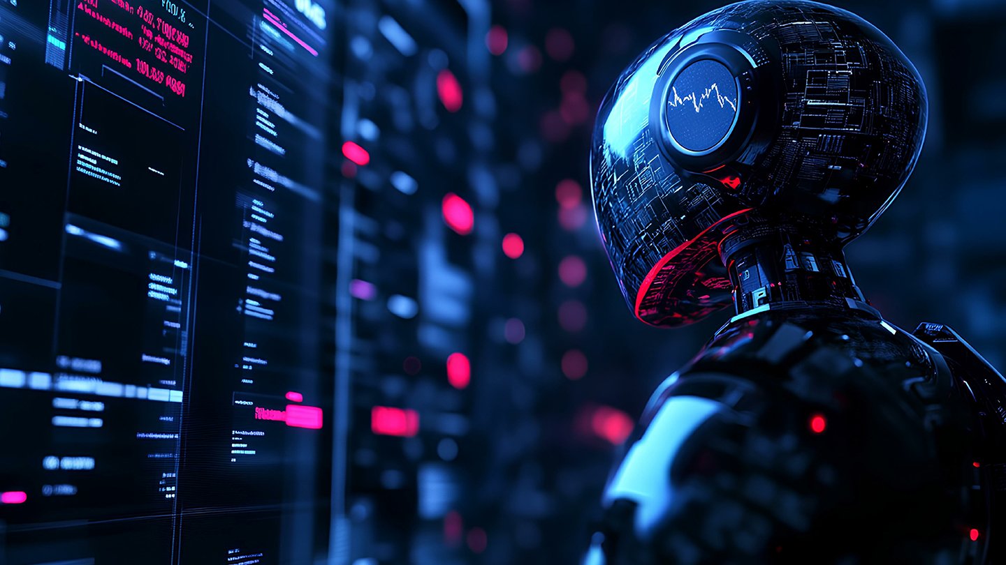 Robô futurista com fundo tecnológico, representando inteligência artificial e inovação. Imagem ideal para temas de tecnologia e robótica.