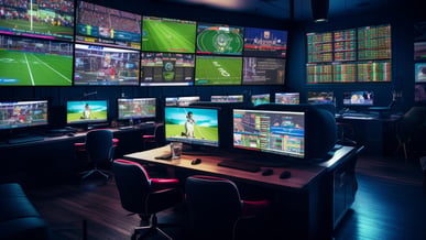 Ambiente de apostas esportivas com várias telas exibindo jogos e estatísticas, criando uma atmosfera eletrizante para os apostadores.