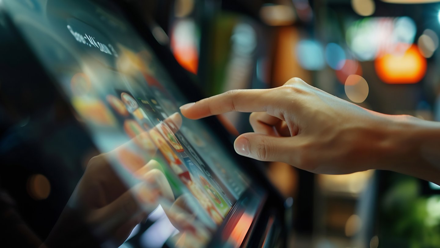 Pessoa interagindo com um quiosque digital, tocando na tela para escolher opções de menu em um ambiente moderno e iluminado.