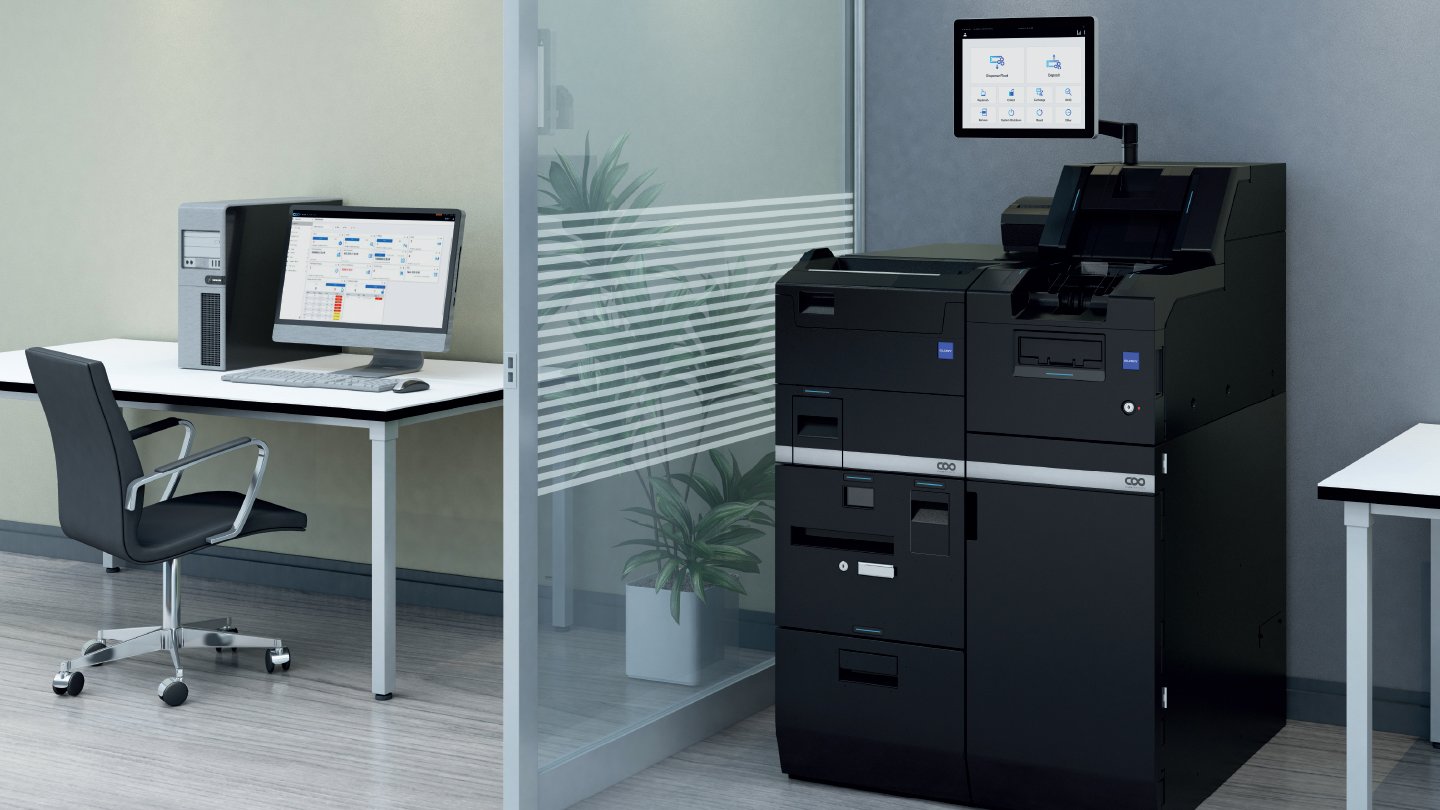 Imagem da solução CI-100X um escritório moderno, com mesas e computadores, representando o back office