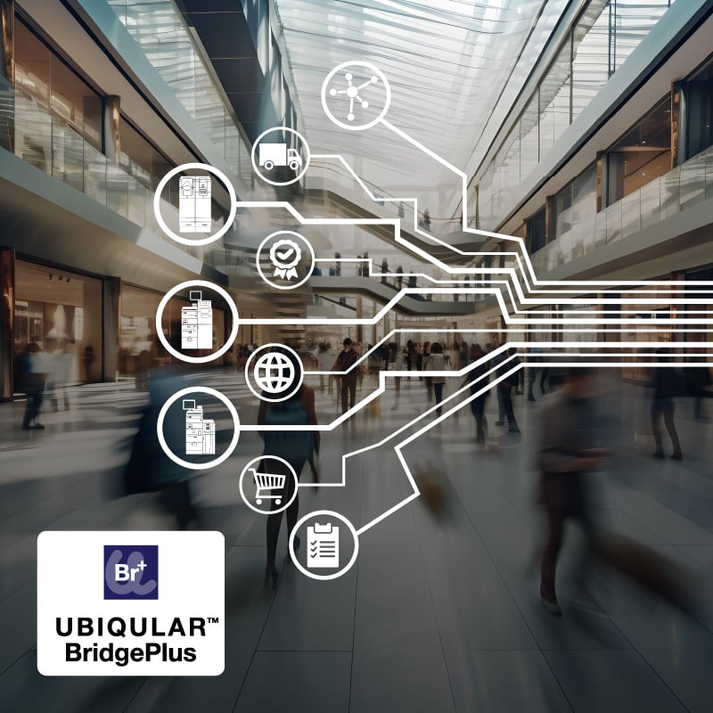 Ilustração de conexão de dispositivos com tecnologia UBIQUILAR BridgePlus em um ambiente de shopping center, representando inovação e comunicação digital.